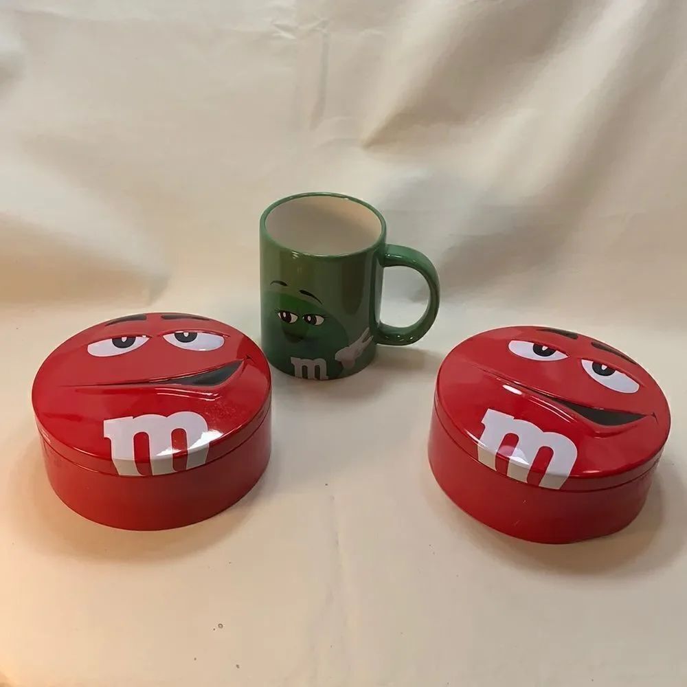 Green M&M Mars Mug And 2 Red M & M Candy Container Reusable Tins Used